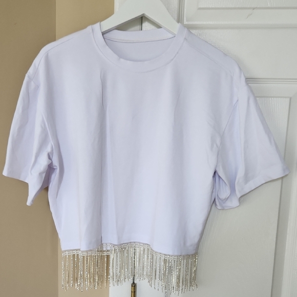 White Fringe Women's Top, With Rhinestone Fringe, L/XL - Picture 1 of 3